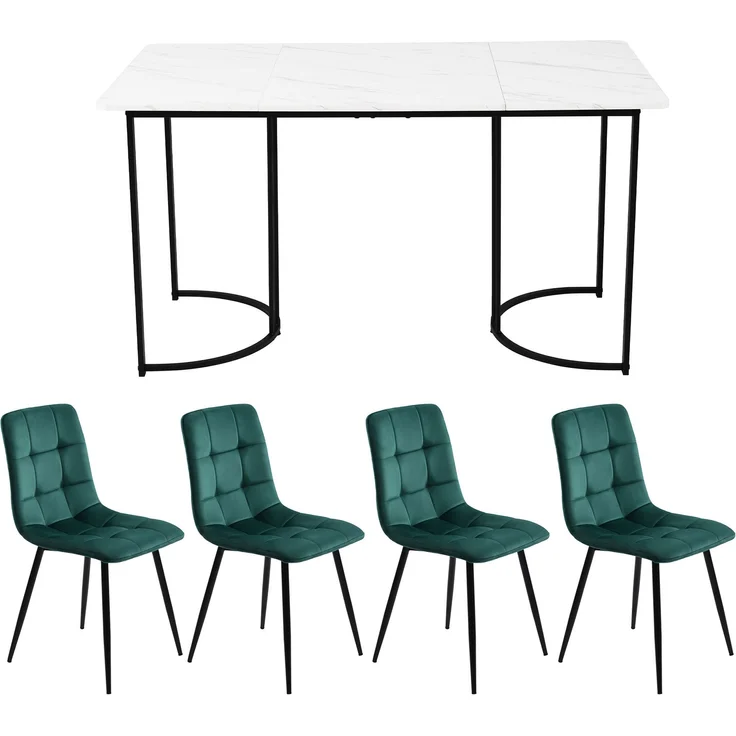 Essgruppe 5-tlg, Esstisch 140x80x75 cm & 4 dunkelgrüne Samtstühle – Bild 3