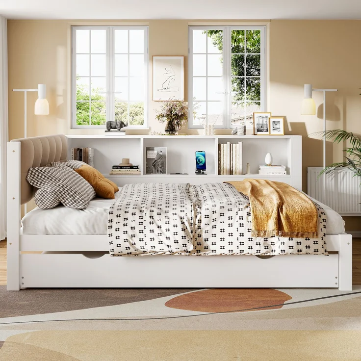 Daybett 140x200 cm mit Ausziehbett und LED-Beleuchtung, Weiß, Kiefernholz & MDF, Einzelbett mit USB-Anschluss, Regal und Rollbett – Bild 3