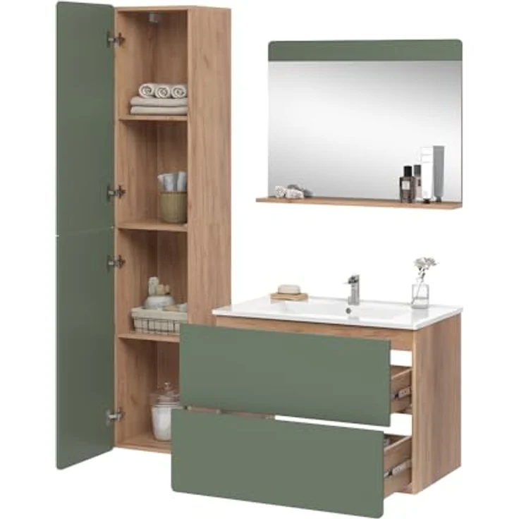 Vichy Badmöbel-Set Izan, 4-teiliges Badmöbelset in Goldkraft Eiche/Grün mit Hochschrank und Waschbecken – Bild 6