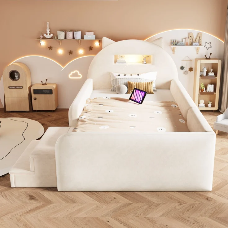 LVHOM Kinderbett 90x200cm mit Rausfallschutz, Polsterbett mit Nachtlicht, USB, Schubladen und Stufenbank, Samt, Beige – Bild 9
