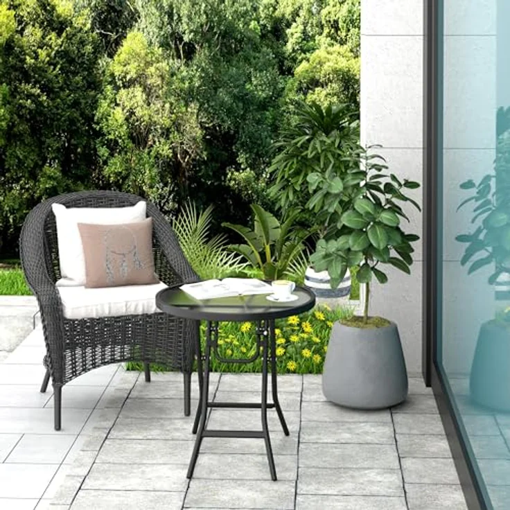 eSituro Klapptisch, Beistelltisch klappbar, Balkontisch Campingtisch Gartentisch Bistrotisch, mit Metallrahmen, runde Tischplatte aus gehärtetem Glas, φ46x47,5 cm, Schwarz+transparent – Bild 2