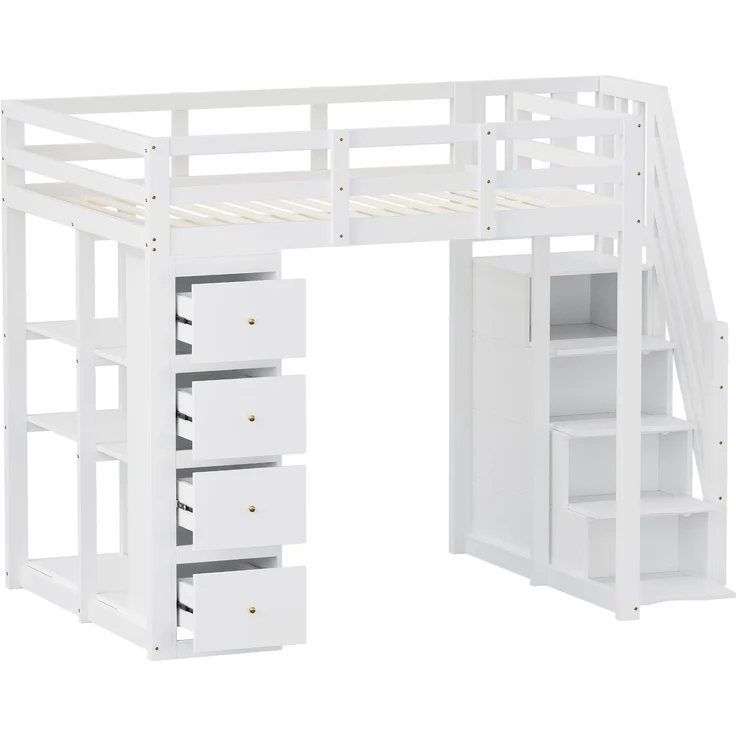 Kinder Hochbett aus Massivholz 140x200 cm mit Sicherheitsleiter, Schubladen & Regal – Stauraumbett, Jugendzimmer,weiß – Bild 10