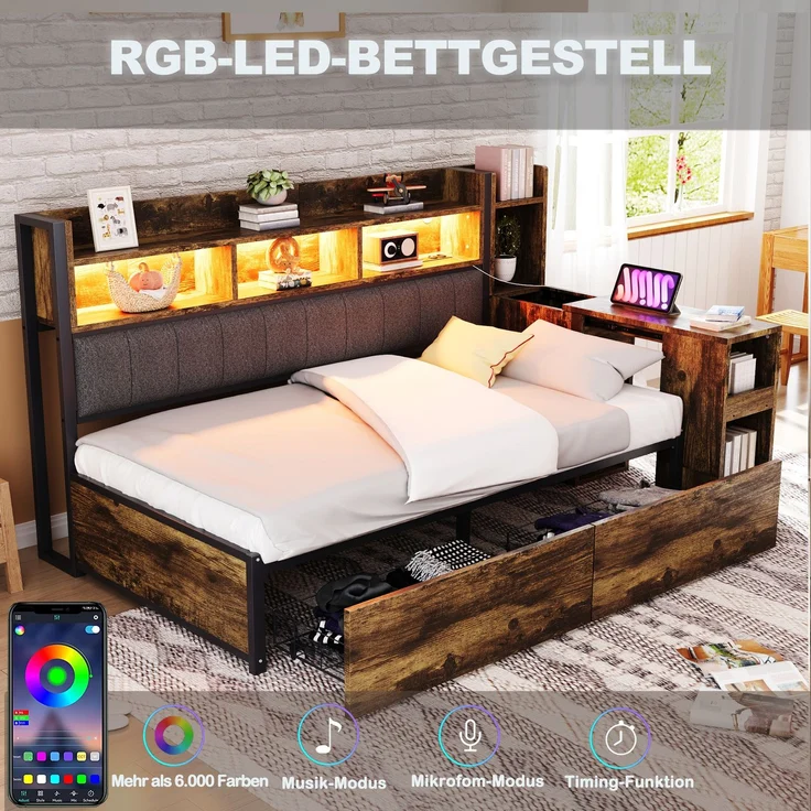 EINHOM Eisen Sofabett 90 x 200 cm mit Stauraum, Metall + Holz, mit Vielseitigen Staufächern & Schließfächern, Multifunktionalen Steckdosen & LED-Beleuchtung, Komplett mit Großen Schubladen und einem Ausziehbaren Schreibtisch, Naturholz (Ohne Matratze) – Bild 6