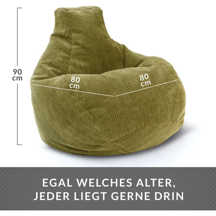 Green Bean® Sitzsack mit Rückenlehne 80x80x90cm - Gaming Chair mit 230L Füllung Cordstoff - Bean Bag Bodenkissen Lounge Sitzhocker Relax-Sessel Gamer Gamingstuhl Grün – Bild 4