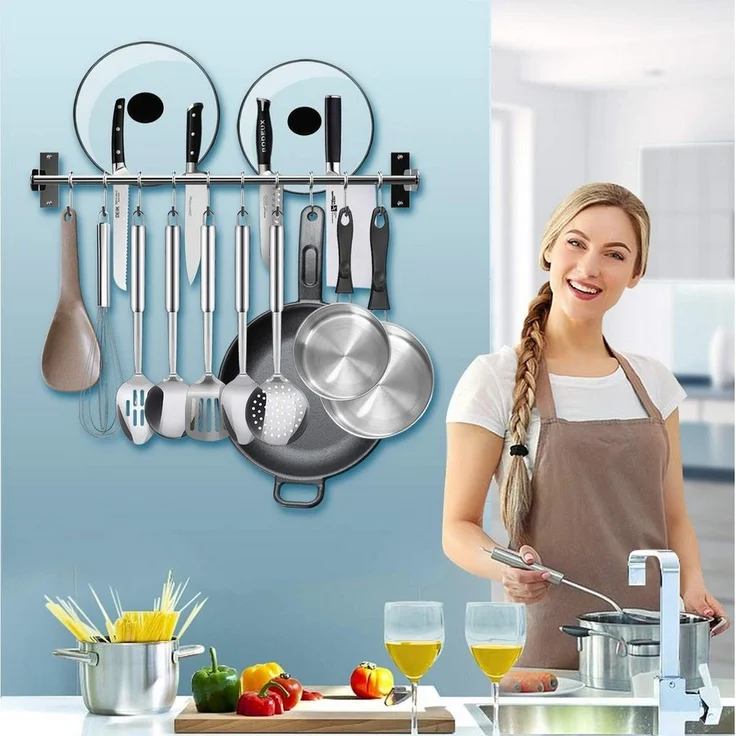 SURFOU Hakenleiste Küche Doppelte Edelstahlstange Küchenleiste mit 12 Haken &Messerhalter, (Hängeleiste Küchenreling, Edelstahl Doppelrohr, Küchenhakenleiste, Multifunktionale Hängeschiene mit Topfdeckel- & Messerhalter - 60 cm Topfi Topfdeckelhalter, ... – Bild 3