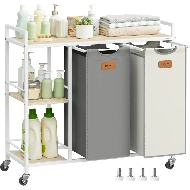 VASAGLE Wäschekorb 2 Fächer, Wäschesammler 100 L, Wäschesortierer, Rollen, Wäschewagen mit Ablagen, Wäschesack, mit abnehmbaren Taschen, 6 Etiketten, naturbeige-taubengrau-cremeweiß – Bild 1