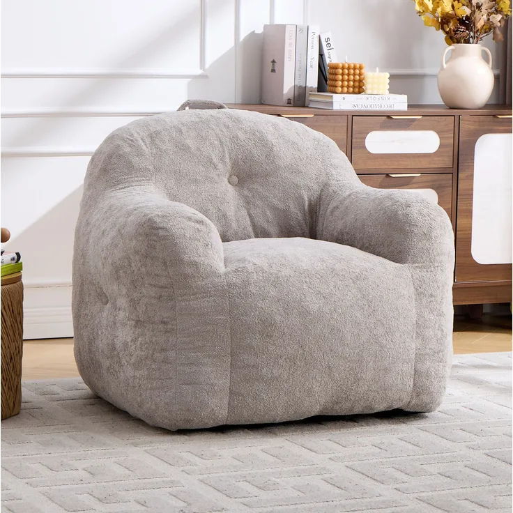 Sitzsack-Sessel in Hellgrau 95cm×95cm×79cm aus Samtoptik mit Armlehnen und ergonomischer Rückenlehne