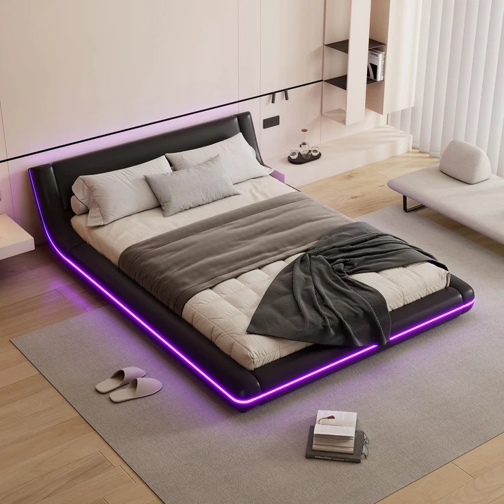 140*200cm Flachbett, Bodenbett, PU, LED-Umgebungslicht, Schwarz – Bild 3