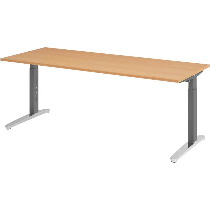 bümö manuell höhenverstellbarer Schreibtisch 200x80 in Buche, Gestell in graphit/alu - PC Tisch höhenverstellbar & groß, höhenverstellbarer Tisch Büro, großer Computertisch verstellbar, X20-6-GC – Bild 1