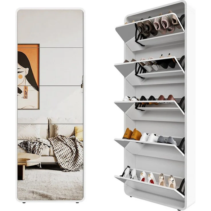 MC Star Schuhschrank Verspiegelter Schuhregalschrank mit 5 Klappschubladen (verspiegelter Schuhschrank, freistehender Klappschuhschrank, Eingang, weiß) – Bild 1