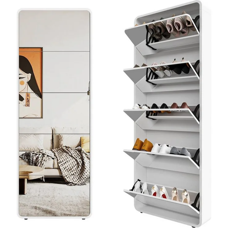 MC Star Schuhschrank Verspiegelter Schuhregalschrank mit 5 Klappschubladen (verspiegelter Schuhschrank, freistehender Klappschuhschrank, Eingang, weiß)