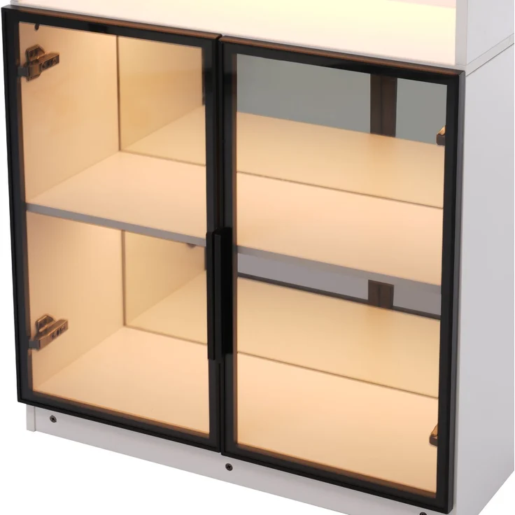 ZUBALIYA Glasvitrine 70 × 30 × 170 cm mit LED-Beleuchtung und Spiegelrückwand, Vitrinenschrank mit grauen ESG-Glastüren, MDF, Ausstellungsschrank für Wohnzimmer, Küche und Esszimmer – Bild 18