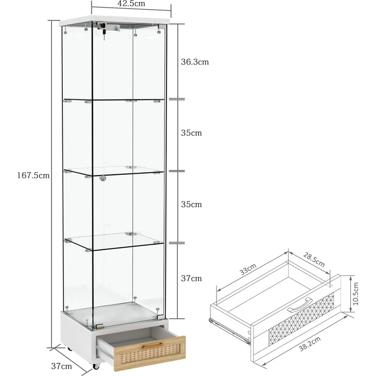 Moderne Glasvitrine mit Schubladen,Vitrine mit LED-Beleuchtung,Bücherregal aus gehärtetem Glas,Eintüriger Schrank mit vier EinlegebödenGeeignet für Wohn- und Schlafzimmer, weiß-H167/B42.5/T36.5 cm--Weiß--42.5x36.5x167cm--YOUDENOVA – Bild 3