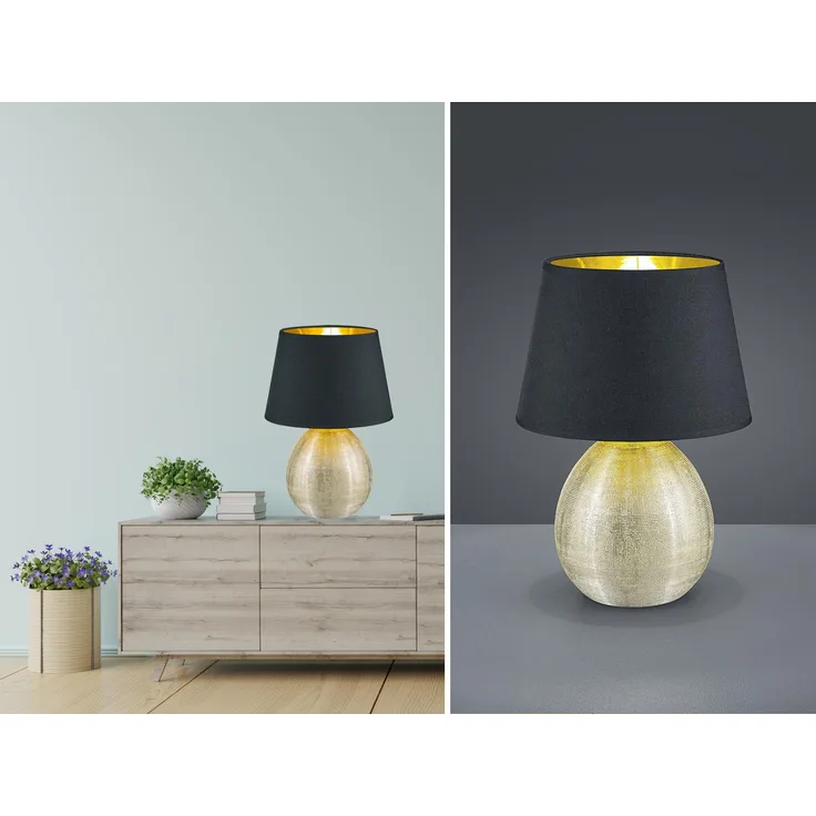LED Tischleuchte Keramik mit Stoffschirm Schwarz innen Gold, Höhe 35cm