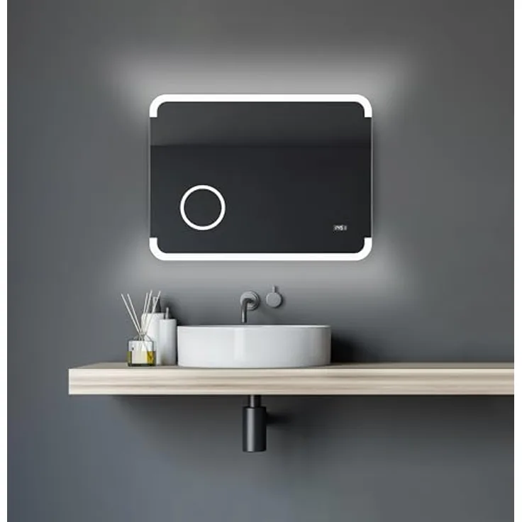 Talos LED Badspiegel Harmony, 80 x 60 cm mit hinterleuchtetem Raumlicht, beleuchtetem Kosmetikspiegel mit 3-fach Vergrößerung, Digitaluhr, hochwertigem Aluminiumrahmen, feuchtraumgeeignet