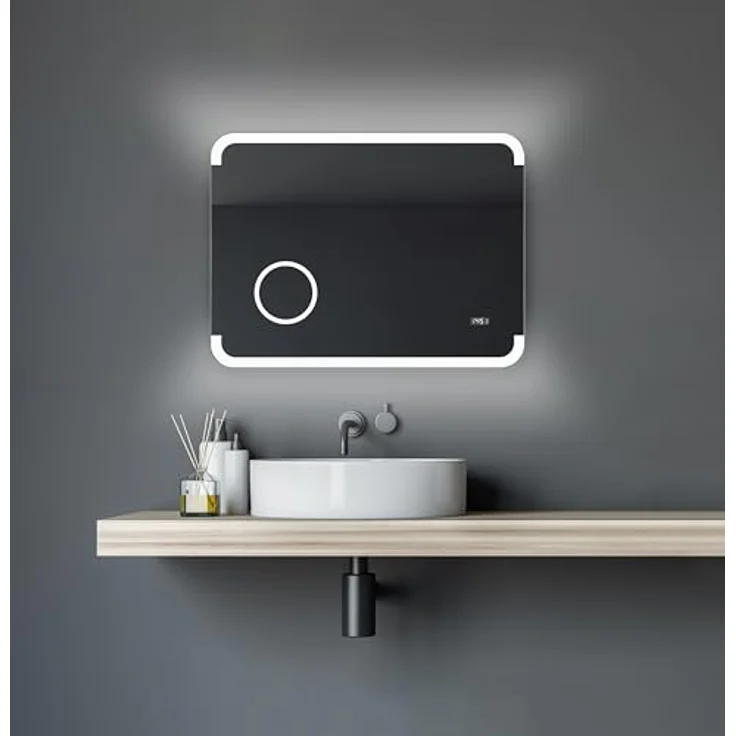 Talos LED Badspiegel Harmony, 80 x 60 cm mit hinterleuchtetem Raumlicht, beleuchtetem Kosmetikspiegel mit 3-fach Vergrößerung, Digitaluhr, hochwertigem Aluminiumrahmen, feuchtraumgeeignet – Bild 1