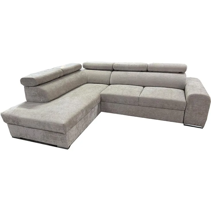 Wohnero24 Ecksofa PAVONE 4 208x263 cm – modernes Chenille Sofa Beige/Hellgrau mit Schlaffunktion 190x125 cm & Bettkasten, verstellbare Kopfstützen