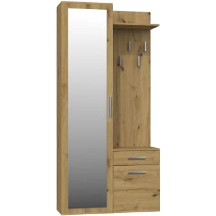kommodly Garderobenset Gustav, Eiche, 3-teilig mit Spiegel, 5 Kleiderhaken und Schublade, 50x180x35 cm – Bild 1