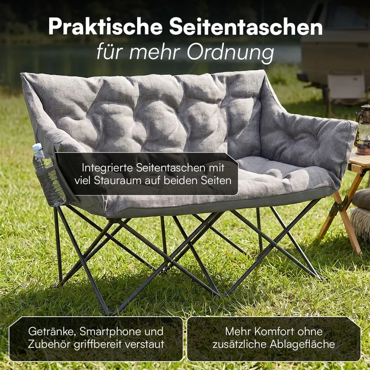 STEELSØN 'Hoggar' Campingbank für 2 Personen, grau, XXL Klappstuhl, bis 320 kg, gepolsterte Campingbank mit 2 Seitentaschen – Bild 4