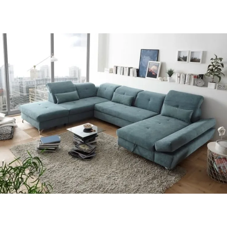 Couch MELFI L Sofa Schlafcouch Wohnlandschaft Schlaffunktion grün dunkel U-Form links