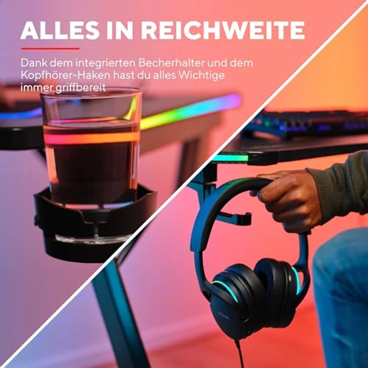 Trust Gaming GXT 709 Luminus RGB Gaming Tisch mit LED Beleuchtung, 10 Modi, USB-Betrieb, Gaming Schreibtisch mit Headset und Getränkehalter, Computertisch 120x60 für Büro, Gamer - Schwarz – Bild 8
