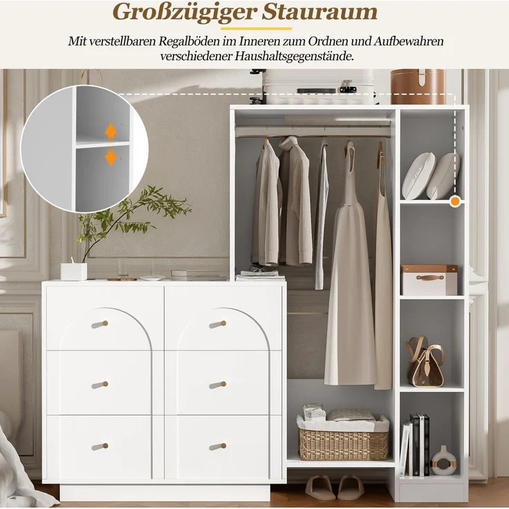 Moderner Mehrzweck-Kleiderschrank, offene Garderobe mit Kleiderstange, 6 Schubladen und Seitenregalen, Schlafzimmer-Aufbewahrungsschrank, Weiß, 139 × 35 × 133 cm--Weiß--139x35x133cm--YOUDENOVA – Bild 8
