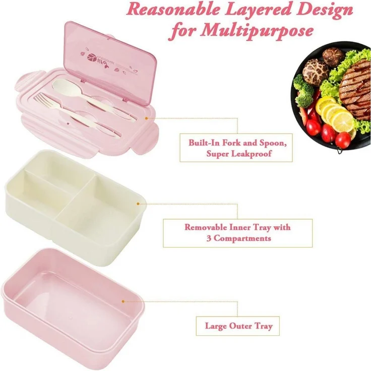 Lunchbox Bento 3 Fächer Besteck auslaufsicher Pink – Bild 4