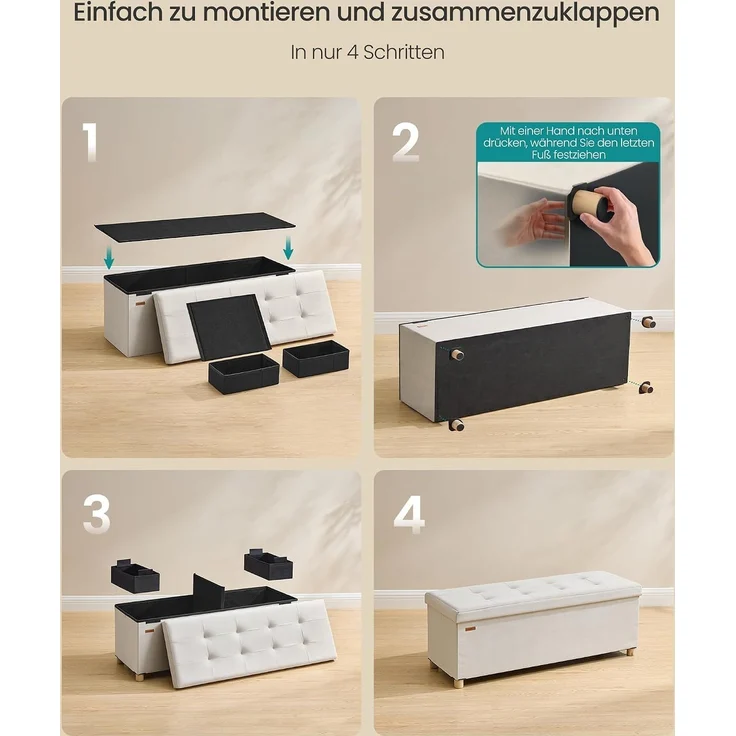SONGMICS Sitzbank mit Stauraum, Hocker faltbar, 38 x 110 x 40 cm, Aufbewahrungsbox mit Deckel, Fußhocker 112 L, Samt, bis 300 kg belastbar, Flur Wohnzimmer Schlafzimmer – Bild 7