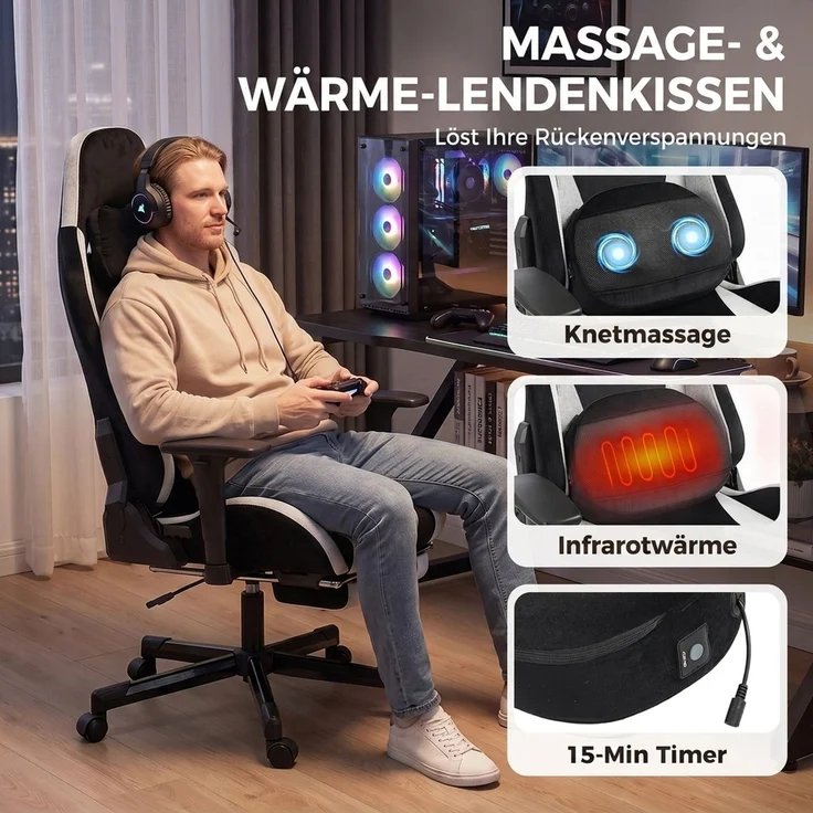 MELAYR, Gaming Stuhl Ergonomischer Gaming Sessel mit Knetmassage und Wärme, 70.5 x 73 x 137.5 cm, Schwarz – Bild 6