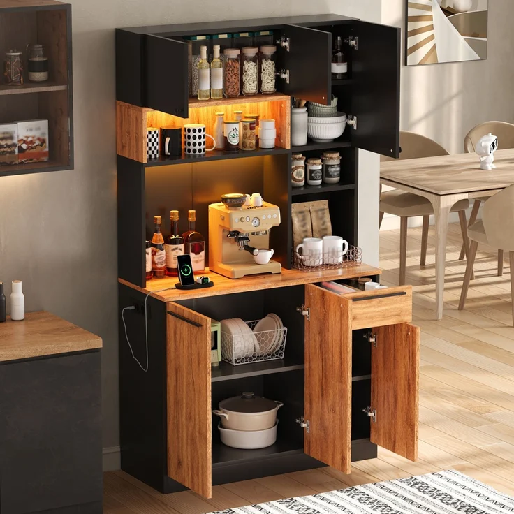 ZUBALIYA Buffetschrank 100x40x180 cm, mit LED-Beleuchtung, mit Steckdosen, mit 6 Türen, aus MDF, Natur – Bild 4