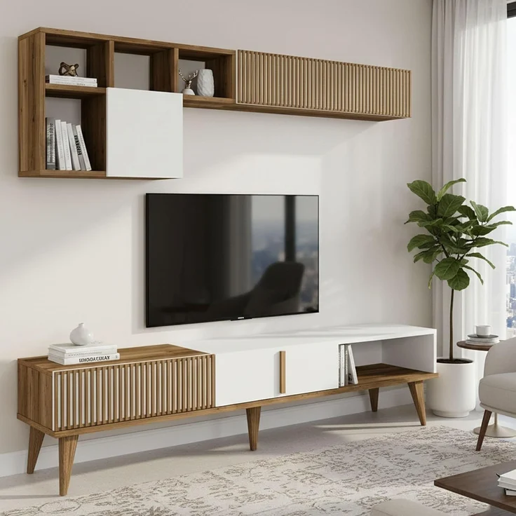 Dmora - Wohnzimmermöbel Gemini, Modulares Wohnzimmerset, Mehrzweck-Wohnzimmermöbel, Moderner TV-Schrank, 180x35h40 cm, Walnuss und Weiß – Bild 1