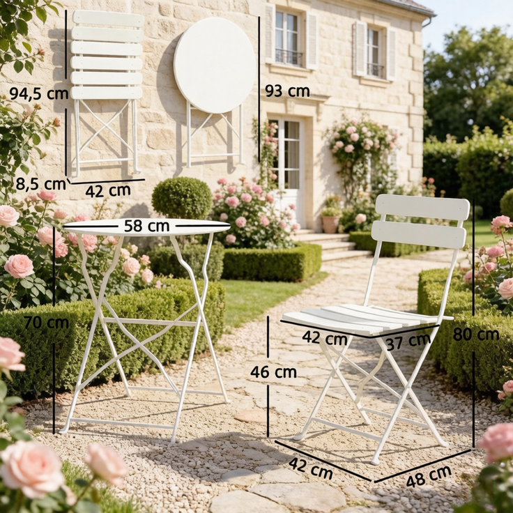 Balkon-Tischgruppe, Tisch H 70 x Ø 58 cm, klappbar, aus Metall, mit 2 Stühlen – Bild 5