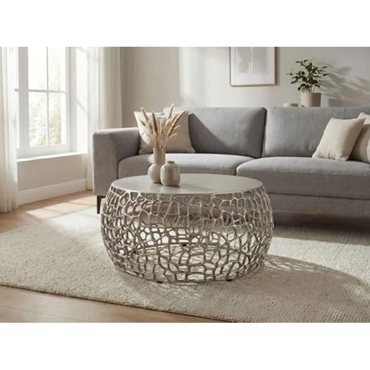 FINEBUY Couchtisch FB116656 Metall Silber Sofatisch Ø 66 cm Tisch Wohnzimmertisch Rund (60 cm Silber, Beistelltisch Metall Modern Rund), Metalltisch mit Ast-Struktur, Tisch Modern – Bild 4