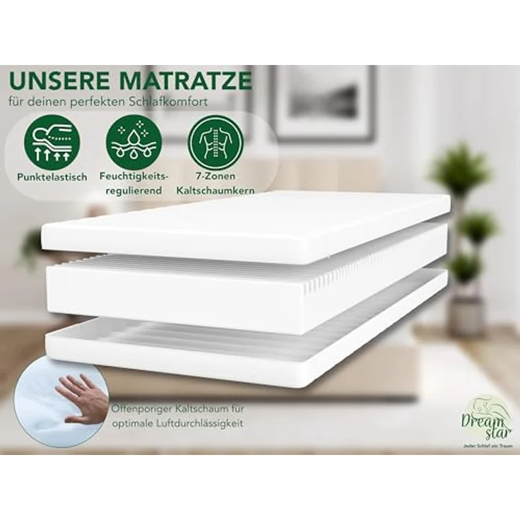 DREAMSTAR Easy Flex | ergonomische 7-Zonen Kaltschaummatratze | Öko-Tex Zertifiziert | Härtegrad 2 und 3 (H2 & H3) | Rollmatratze 16 cm | Made in EU I 120x200 cm – Bild 4