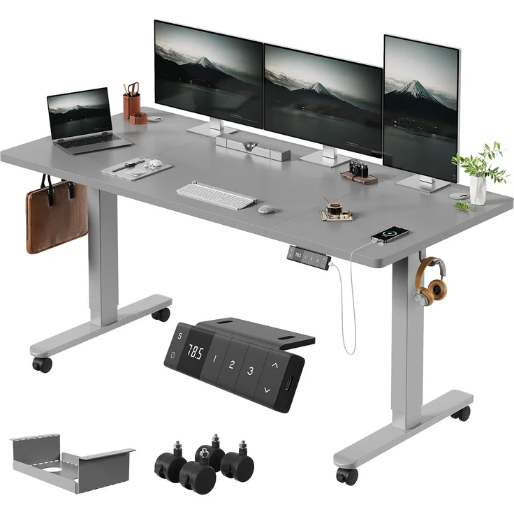 Devoko Höhenverstellbarer Schreibtisch Holzwerkstoff und Metall Grau 160 x 80 x 72-118 cm – Bild 2
