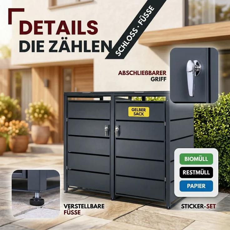 Albatros Mülltonnenbox 2er Tonne | bis 240 Liter | Anthrazitgrau RAL 7016 | verzinkter Stahl | Premium Dämpfer| Aufkleber-Set | wetterfest| verstellbare Füße| Türgriff mit Schloss | Gartenbox | entwickelt in Deutschland – Bild 7