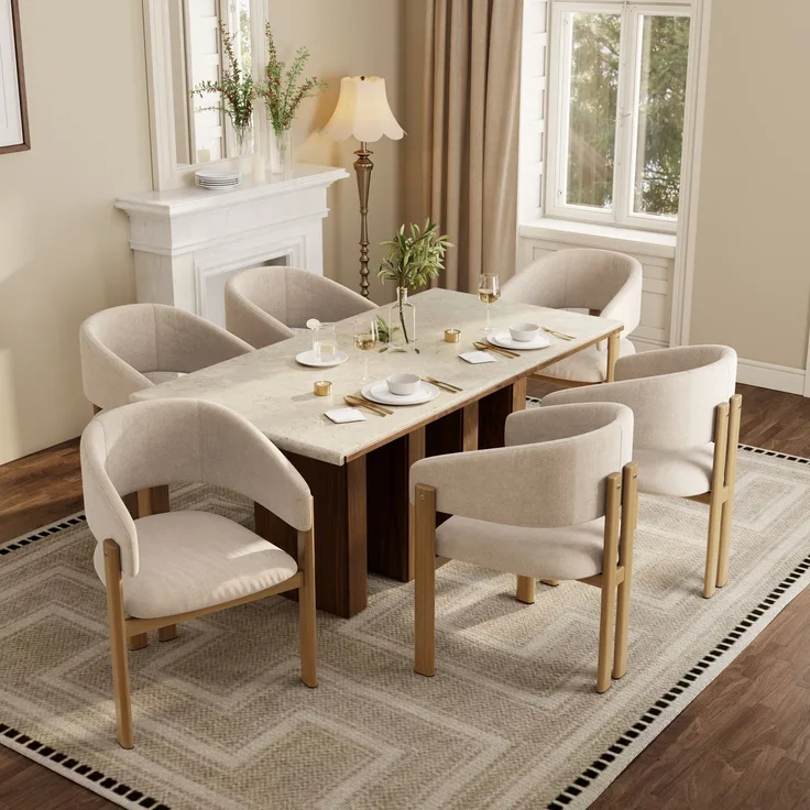 6 Esszimmerstühle aus Metall in Holzoptik, bequem und atmungsaktiv, geeignet für Esszimmer, Wohnzimmer, Cafés, moderner Stil, Leinenstoff, Naturholzfarbe--Holz--61.5x52.5x83cm--YOUDENOVA