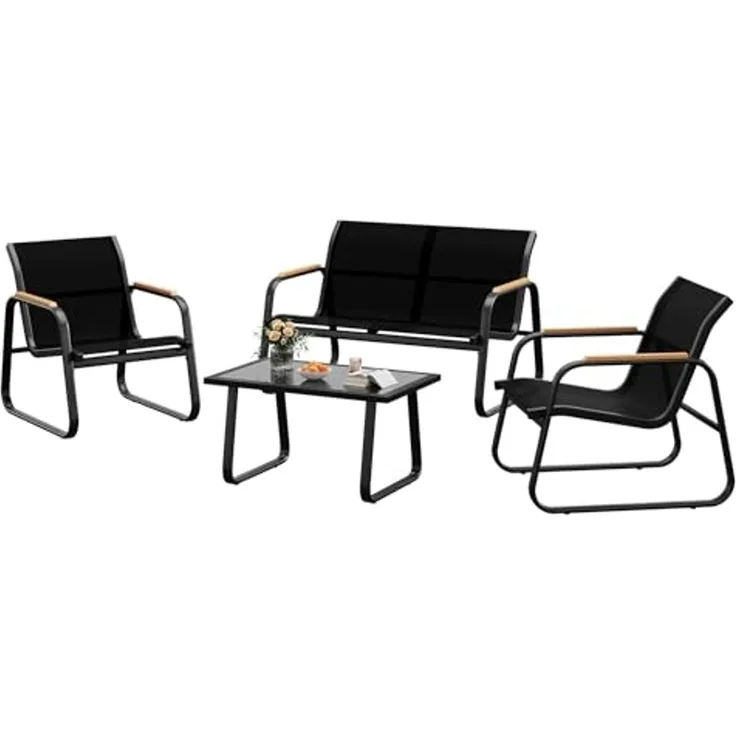GarveeHome Gartenmöbel Set 4-TLG, Textilene Balkonmöbel Set mit Tisch, Sofa und 2 Stühlen, Stahl, Sitzgruppefür Garten, Balkon, Außen