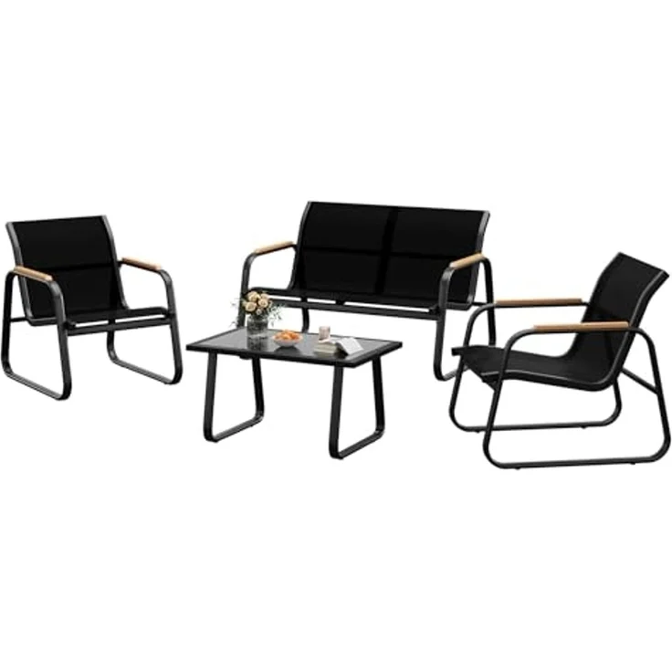 GarveeHome Gartenmöbel Set 4-TLG, Textilene Balkonmöbel Set mit Tisch, Sofa und 2 Stühlen, Stahl, Sitzgruppefür Garten, Balkon, Außen – Bild 1