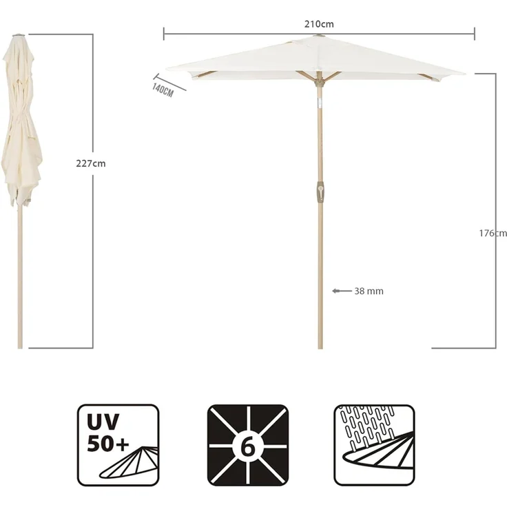 Sekey Sonnenschirm mit Kurbel und UV50+, knickbar, Aluminium creme / natur, 210 × 140 cm – Bild 3