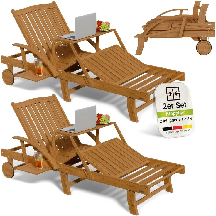 Juskys® 2er Set Sonnenliege SunScape - Natur, Akazie mit verstellbarem Tisch - 196x72,5x30 cm