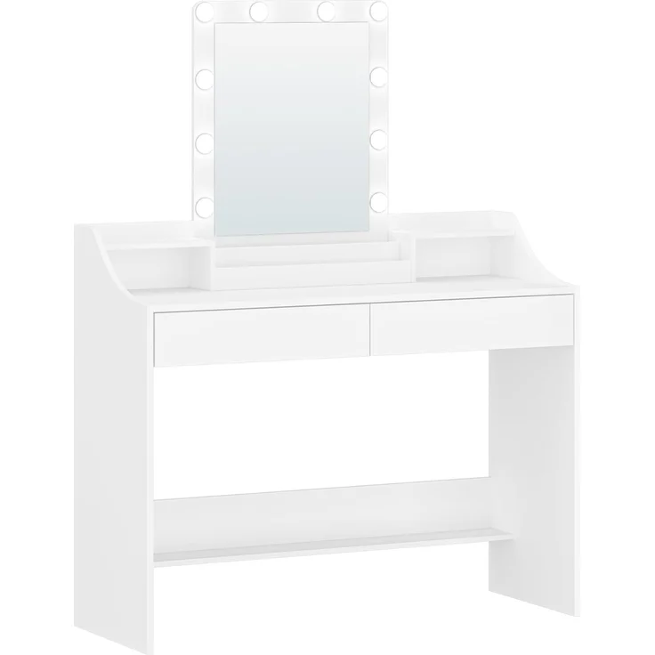 Schminktisch mit LED-Beleuchtung,108cm, Einstellbare Helligkeit, Schminktisch mit Spiegel, mit 2 Schubladen und 3 Offenen Fächern, Modern, Weiß – Bild 2