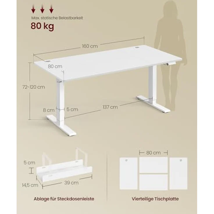 VASAGLE Höhenverstellbarer Schreibtisch, 160x80 cm, USB-C-Anschluss, Ablage für Steckdosenleiste, Stehtisch, Erinnerung bei langem Sitzen, 3 Speichertasten, für Büro, mattweiß LSD146WZ02 – Bild 4