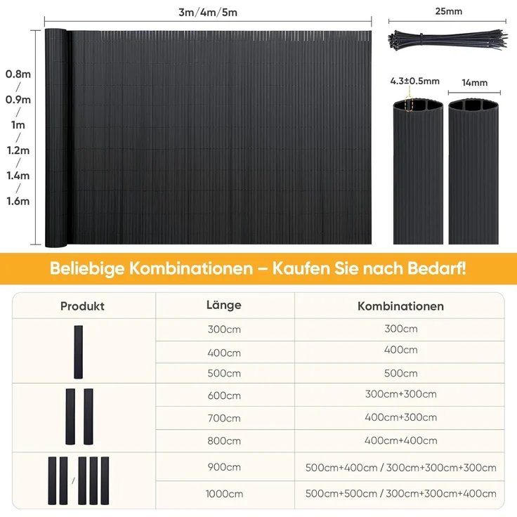 PVC Sichtschutzmatte Balkon Sichtschutz Doppelte Verstärkung Sichtschutzzaun Ohne Bohren Anthrazit, 140x500 cm – Bild 7
