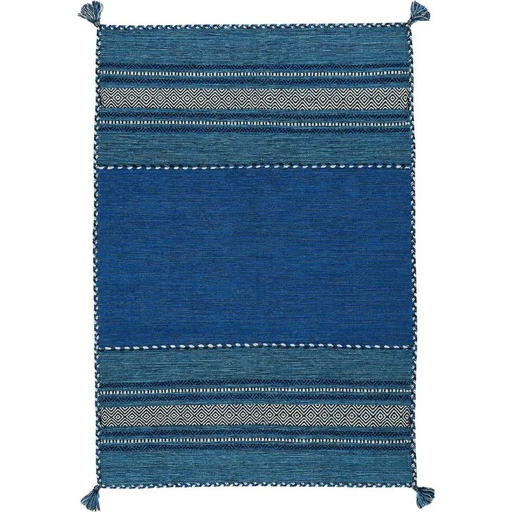 Pergamon Wollteppich Kelim Navarro, Rechteckig, 100% Baumwolle, Blau, Handgewebt, Höhe: 8 mm, 70 x 140 cm