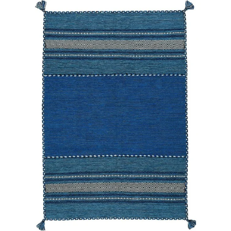 Pergamon Wollteppich Kelim Navarro, Rechteckig, 100% Baumwolle, Blau, Handgewebt, Höhe: 8 mm, 70 x 140 cm