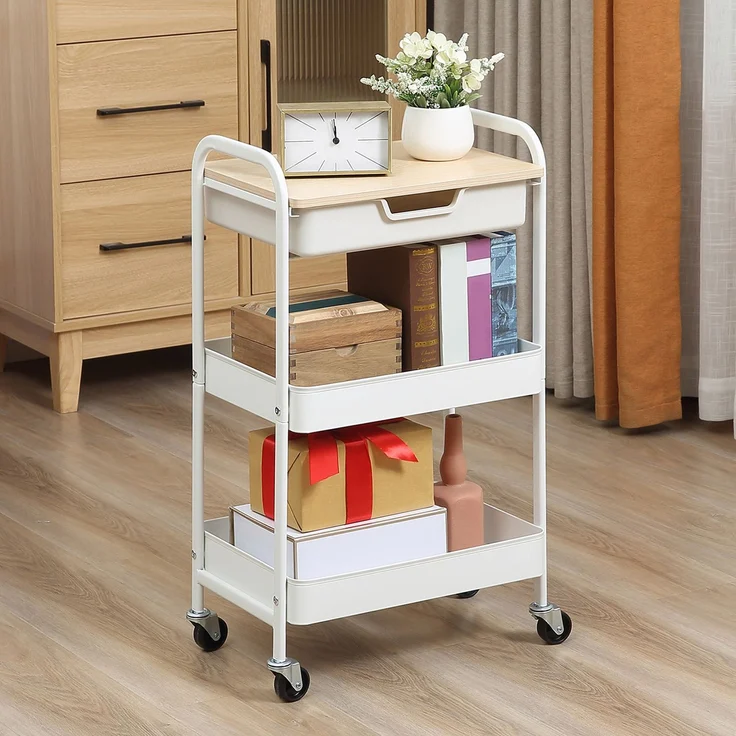 Rollbarer Küchenwagen, 2 Regale, Schublade, Ablage, 4 Rollen, Griffe, Stahl, Weiß--Weiß--43.9x30.5x75.6cm--YOUDENOVA – Bild 3