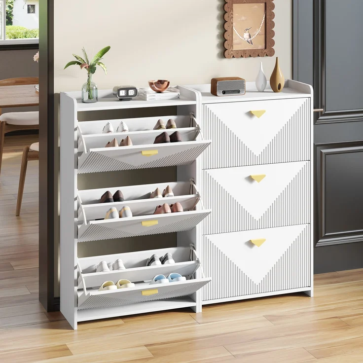 Schuhschrank Set 2-teilig 140x30x120 cm Weiß 3 Klapptüren verstellbare Trennwände gold Griffe – Bild 2