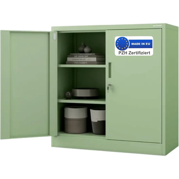 Aktenschrank abschließbar KADO - 3 Ebenen verstellbar, Flügeltüren | Metallschrank Werkstatt Mehrzweckschrank Büroschrank aus Stahl Werkzeugschrank, 93x90x40cm Pastellgrün