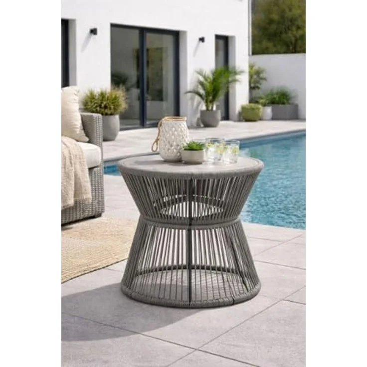 DEGAMO Gartentisch ANCONA, Beistelltisch 56cm rund, 48cm hoch, Rope grau + Glas – Bild 2
